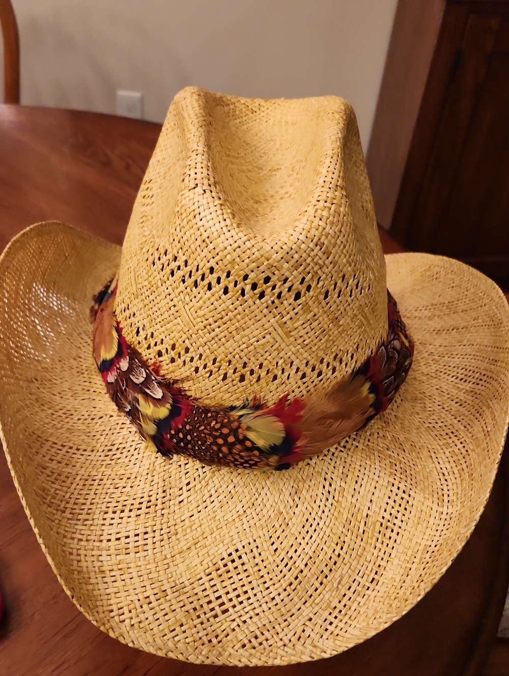 Larry Maham Resistol Straw Cowboy Hat Feather Band Western TEXAS